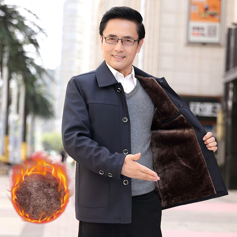Forrado de lana de mediana edad y ancianos papá chaqueta de los hombres de otoño e invierno casual de negocios de mediana edad chaqueta de la solapa más el tamaño de la capa de los hombres