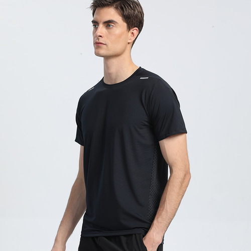 New solid color printed running fitness wear short-sleeved men's T-shirt sweat-absorbent quick-drying round neck reflective strip sports top
