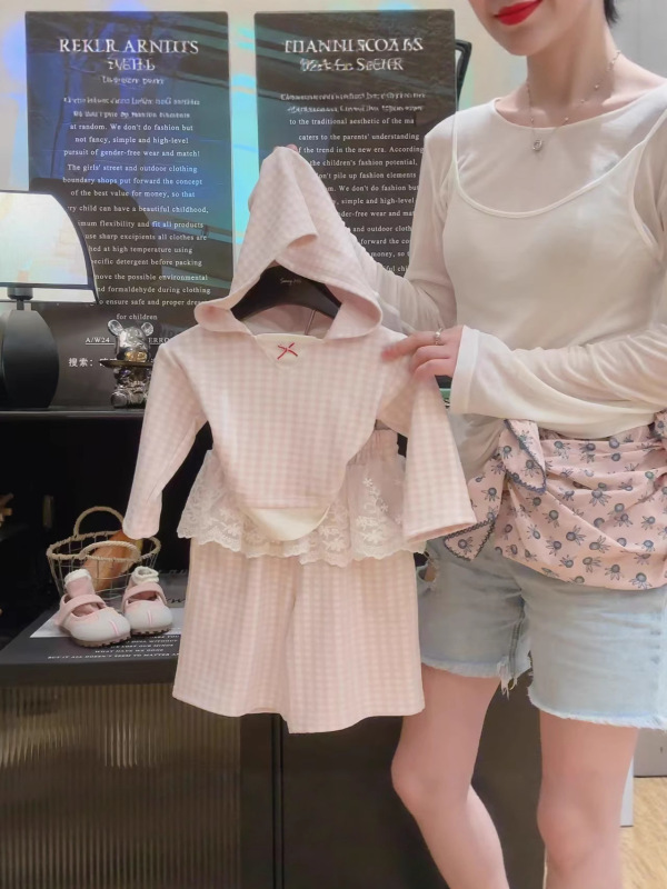 2025新款连帽格子套装 蕾丝花边屁帘阔腿裤女童套装宝宝格子可爱|undefined