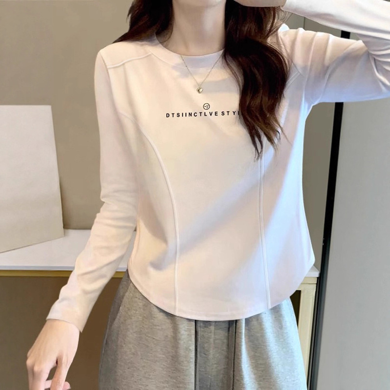 Right Shoulder Pure Cotton Long-Sleeved T-Shirt for Women with Asymmetrical Curved Hem, Short Slimming Look Top for Small People, Bottoming Shirt Isn Trendy