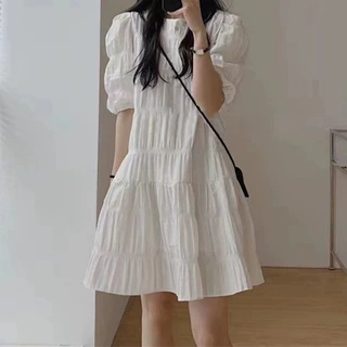 现货厂家直批 桔梗褶皱连衣裙泡泡袖小白裙宽松显瘦小个子裙子