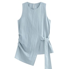 女性用の不規則なシフォンシャツ、夏の新しいスタイルのウエスト痩身トップ、アウターウェア、気質、ラウンドネック、ノースリーブベスト、トレンディ