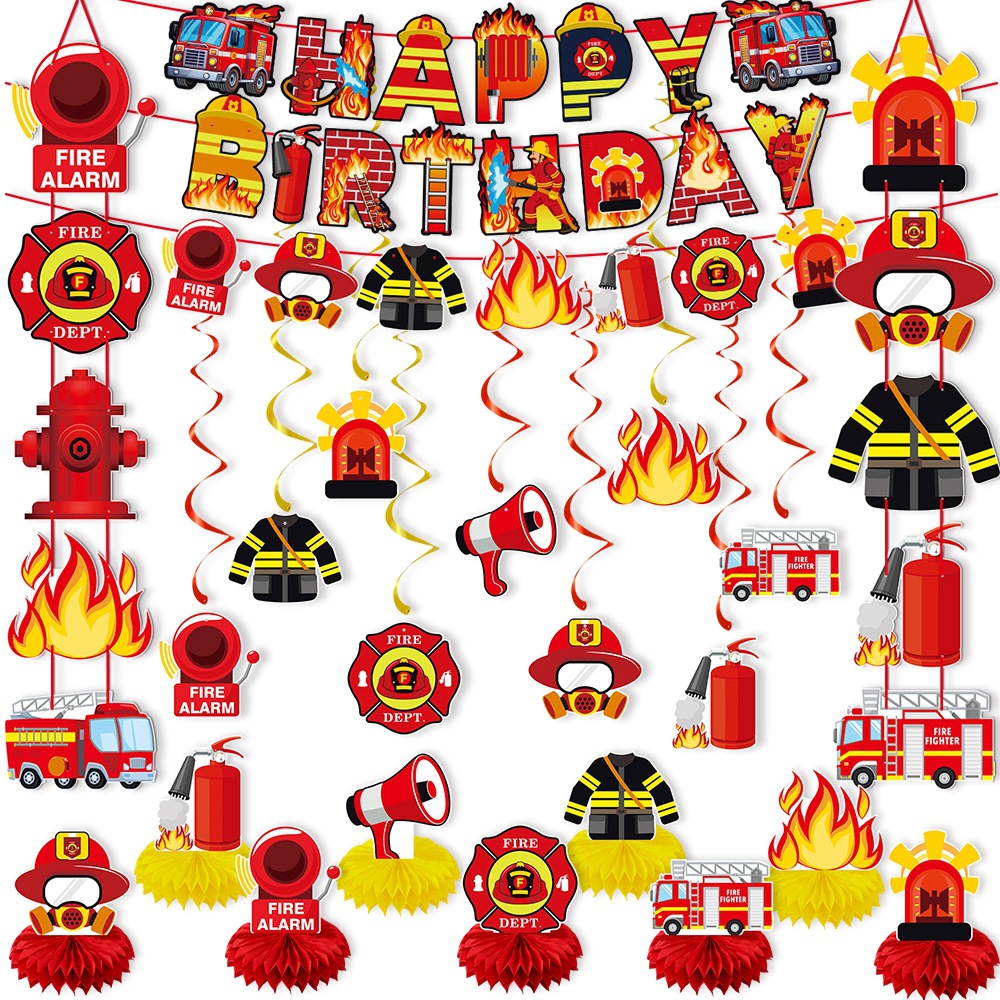 Nuevo tema de lucha contra incendios transfronterizo decoración de fiesta de cumpleaños bandera de dibujo decoración de cumpleaños bombero diseño de decoración de cumpleaños