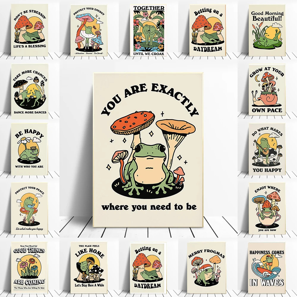 Ins Cartoon Abstract Frog Mushroom Canvas Frameless Painting Core Art Sofa Background Wall Hanging Painting Living Room Decoration Painting