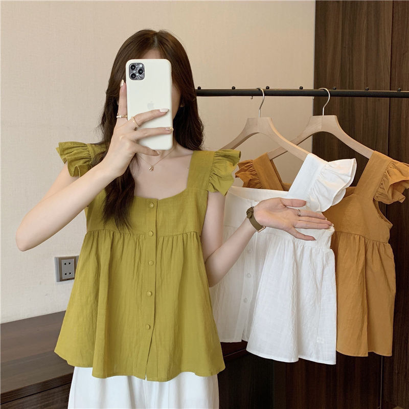 Square-Neck Sleeveless Shirt for Women, Summer Style, French Style, Short Sleeves, Short Babydoll Shirt, Collarbone Season, Chic and Loose