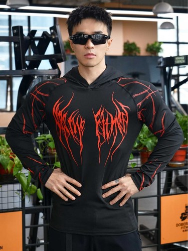 2025 Men's Sport Fitness Running Hooded Tight Fitting Gothic Pattern Print Quick Dry Long Sleeve Sweatshirt