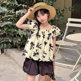 女童夏装套装2026新款韩版洋气儿童花苞短裤中大童夏季时髦两件套