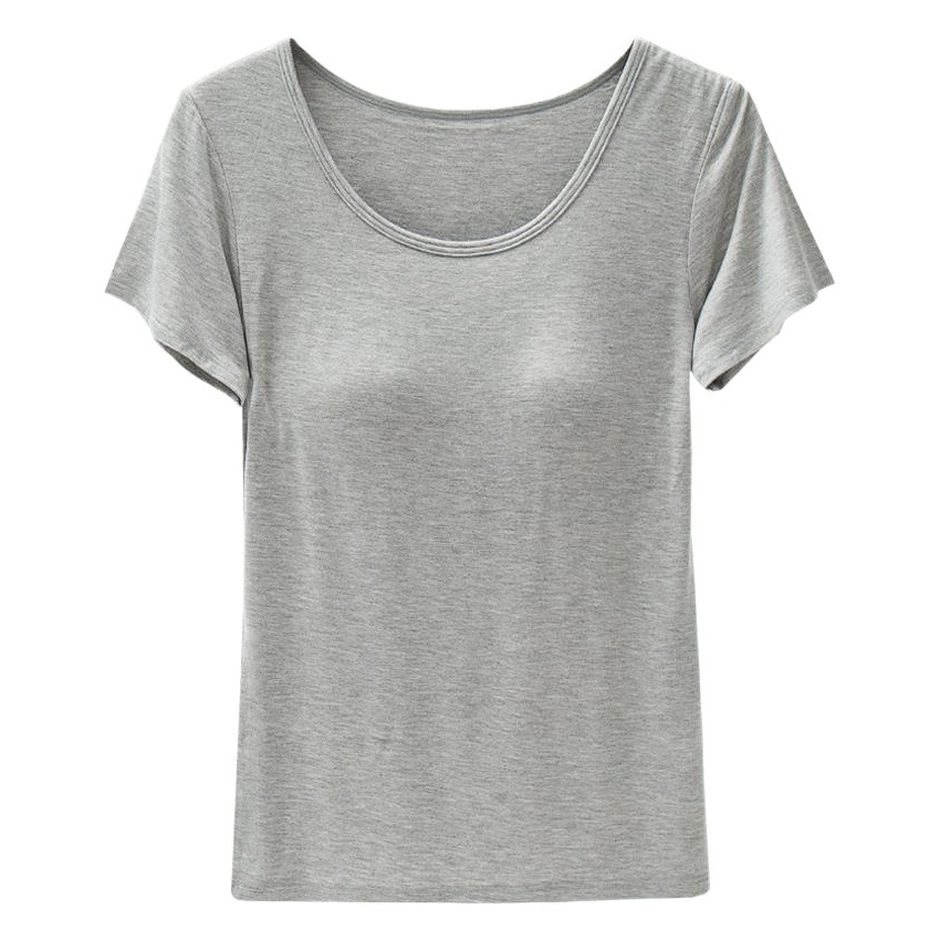 Manufacturer Wholesale New Rayon Spring/Summer Short-Sleeve Women's T-Shirt with Chest Pad, Solid Color Bra Integrated Half-Sleeve Base Top