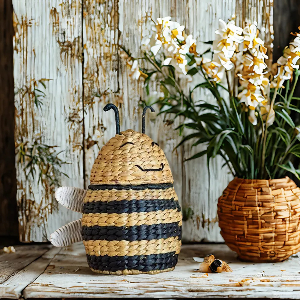Caja de almacenamiento de abejas tejida de paja de estilo europeo Cesta de almacenamiento tejida a mano Artículos para el hogar Cesta de almacenamiento de artículos diversos de juguete