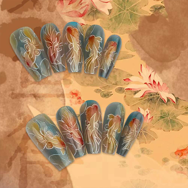 [Like a fish in water] Nail Art Wear Armor Social Niche Square Small Goldfish Nail Art Nail Nail Art National Style Wear Armor