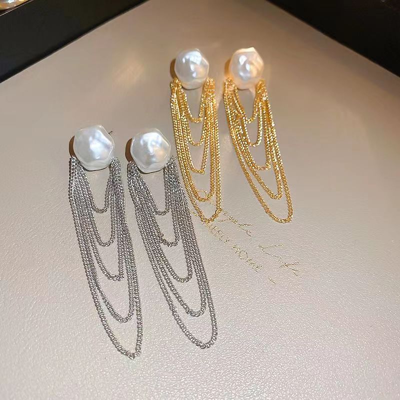 Orecchini a bottone con catena di perle irregolari in argento 925S, orecchini alla moda leggeri e di lusso, gioielli da donna_voghion.com