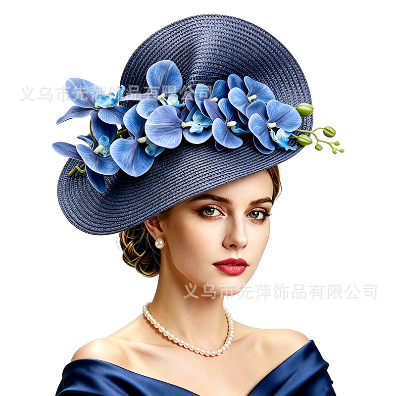 New Horse Racing Festival Hat Headpiece with Flower Decorations, Artificial Phalaenopsis Orchid Headpiece, Show Stage Party Headpiece