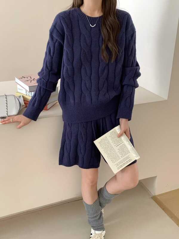 麻花圆领毛衣套头针织短裤两件套2025秋冬穿搭一整套毛衣套装女潮|undefined