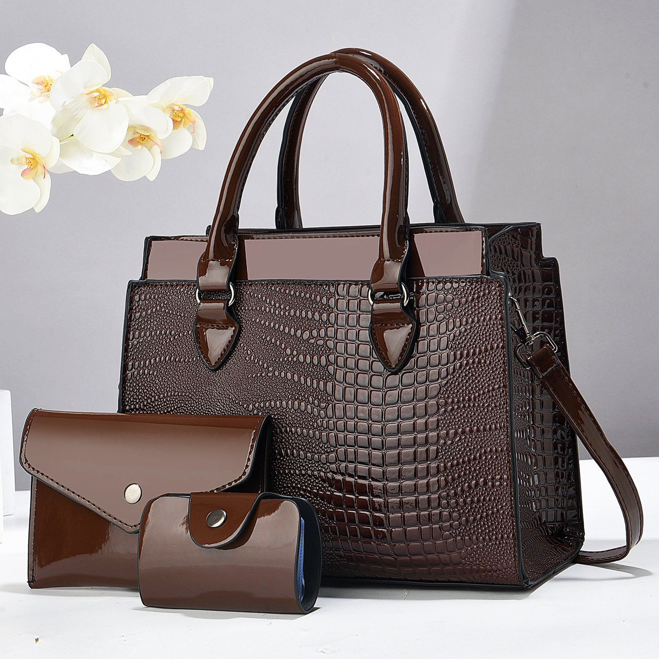 Women's Crocodile Pattern Handbag Three Piece Set Shoulder Bag_voghion.com