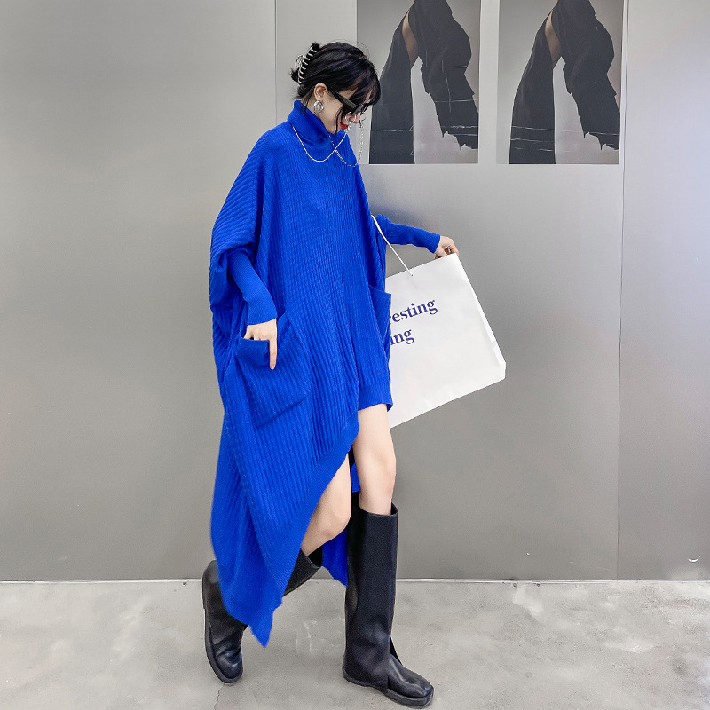 Estilo americano turtleneck Vestido de punto de las mujeres otoño nueva suelta adelgazamiento nicho diseño estilo occidental irregular suéter vestido