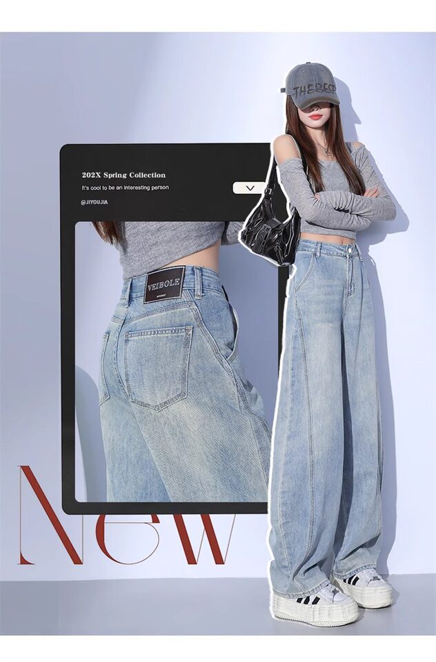 Quần jean nữ cạp cao ống đứng ống rộng phong cách giản dị mùa thu — Quần crop màu xanh nhạt dành cho chiều cao dưới 158cm., Màu xanh nhạt, được khuyên dùng cho chiều cao từ 164cm (5'4") trở lên., Quần màu xanh nhạt khuyến nghị 158-164cm chi tiết 2