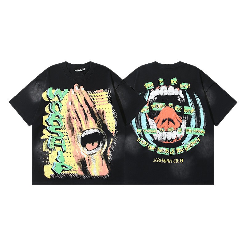 25ss 夏新作 Hellstar アメリカンファッション ハイストリート ウォッシュ加工 ダメージ加工 プリント ゆったり 半袖 Tシャツ 男女兼用|undefined