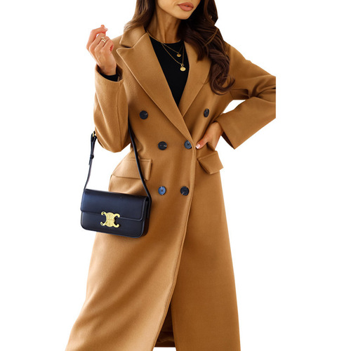 2025 autumn and winter new European and American women's clothing Amazon simple double-breasted long-sleeved lapel button woolen jacket