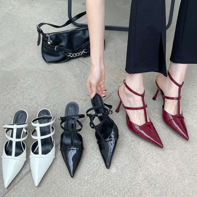 French-Style High Heels for Women 2025 New Model, Red Pointed Toe, Hollow-Out Design, Patent Leather, Single Strap, Closed-Toe Sandals French-Style High Heels for Women 2025 New Model, Red Pointed Toe, Hollow-Out Design, Patent Leather, Single Strap, Closed-Toe Sandals
