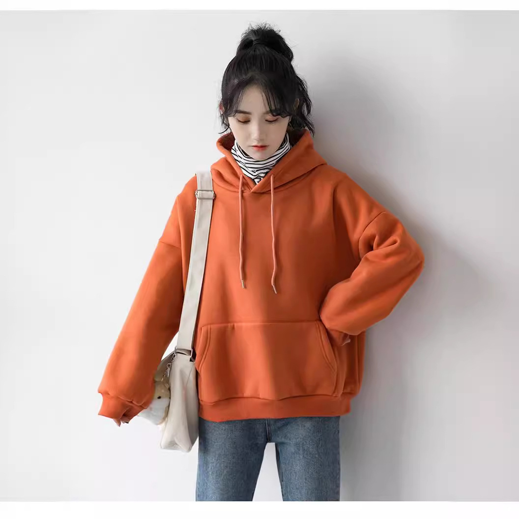 套头棉清新甜美日系纯色卫衣女加绒加厚宽松上衣女士帽衫休闲风