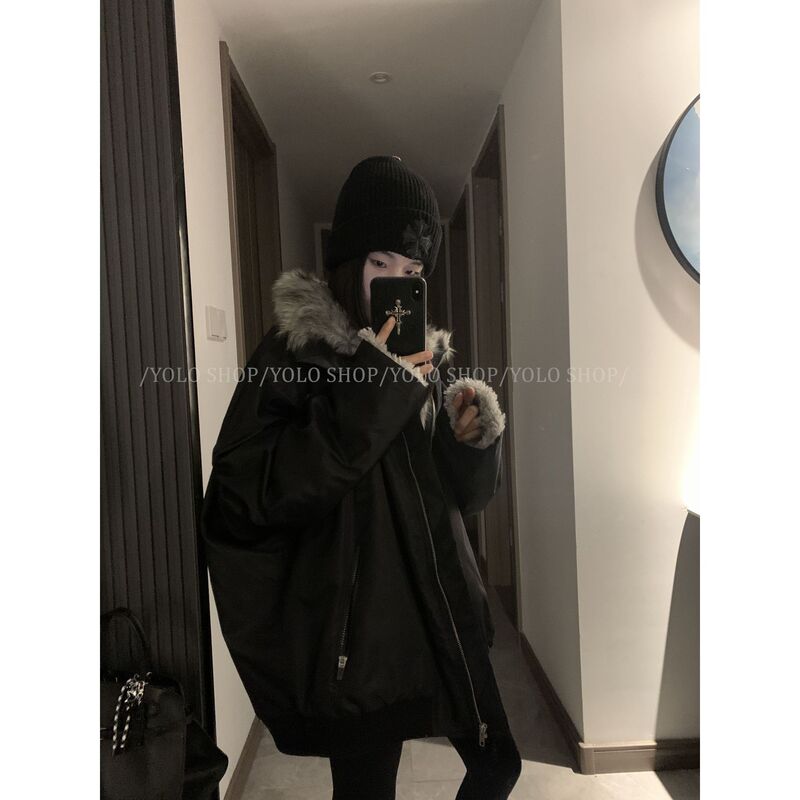 3937 #   Yolo Shop Black Eco-Friendly Fur Splicing Autumn and Winter New Jacket Parka Fur Outwear