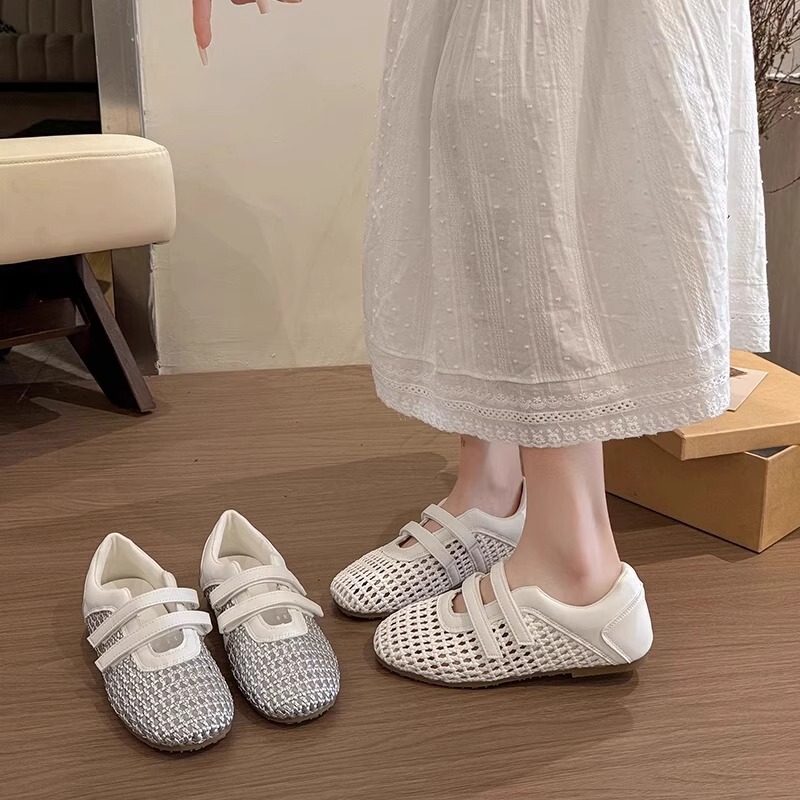 Soft-Soled Cut Out Woven Fishnet Shoes 2025 Summer New Mesh One-Line Buckle Ballet Shoes Flats-Soled Mary Jane Shoes
