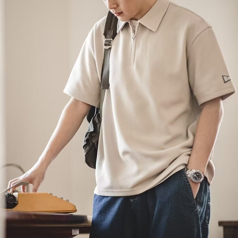 Summer New Trendy Brand Large Size Half-Zip Polo Shirt 2025 American Retro Polo Collar Short-Sleeved Workwear Men's Trendy