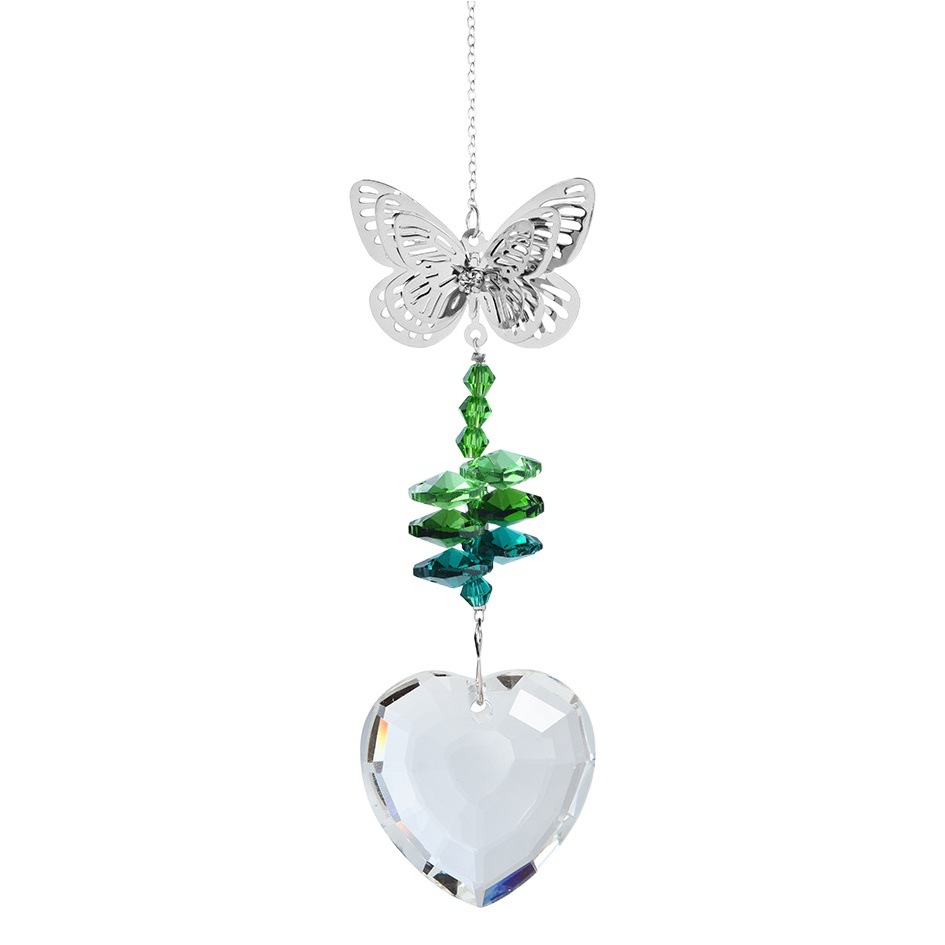 Fábrica al por mayor suministro transfronterizo mariposa verde melocotón corazón cristal colgante jardinería decoración cristal Sun Catcher campanas de viento