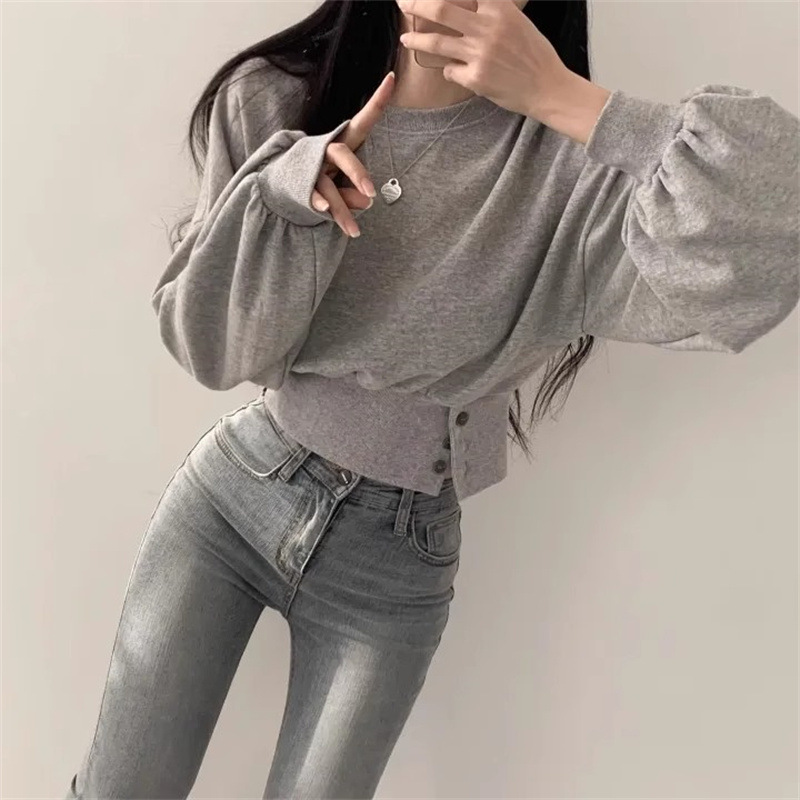 实拍纯色短款收腰圆领加绒卫衣女秋季薄款百搭宽松无帽长袖上衣