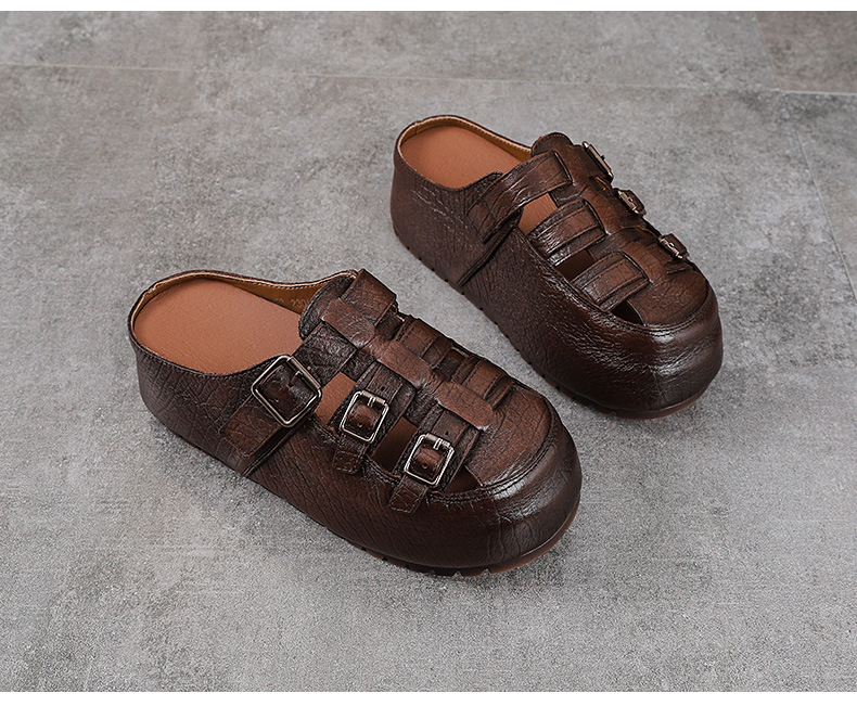 Dép sandal nữ da bò mũi kín đế dày lỗ thoáng khí — màu nâu chi tiết 13