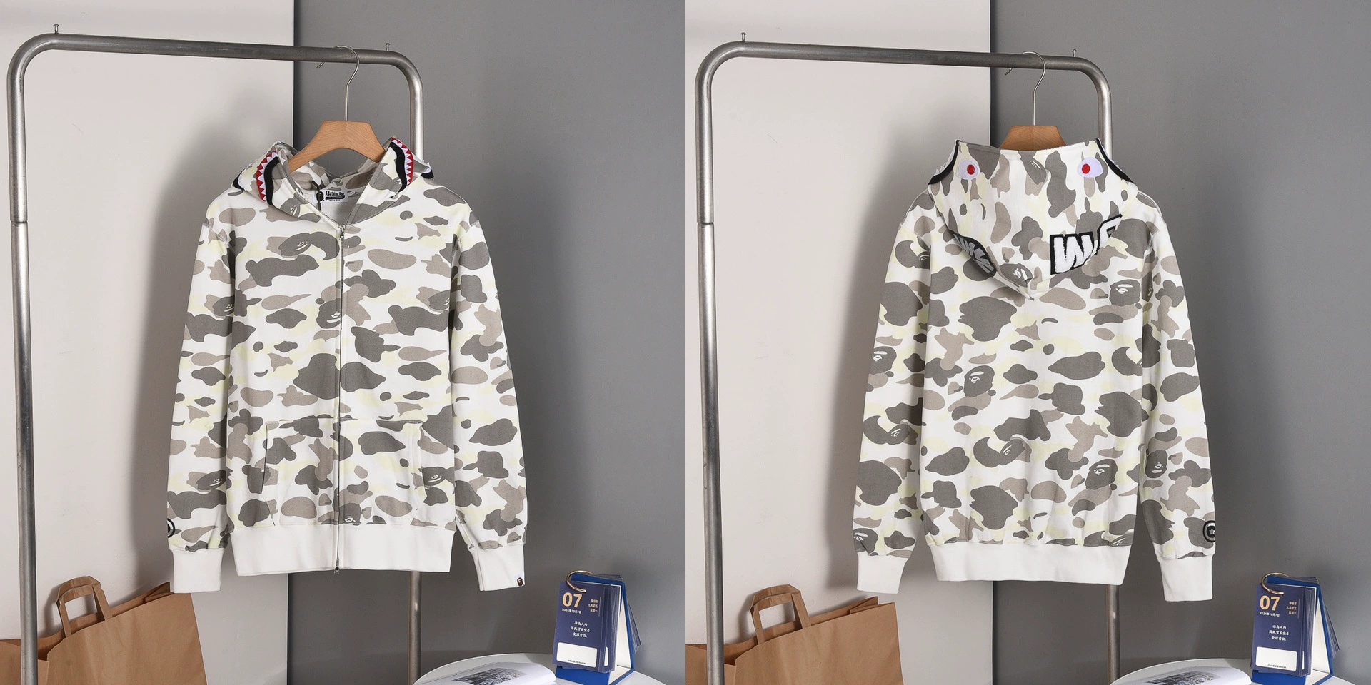 (Cross-border trading), camouflage cloth, shark, sweatshirt with hood with zipper, with embroidery