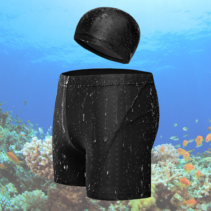 New Men's Swimming Trunks Shark Skin Waterproof Swimming Pants with Swimming Cap Flat Angle Plus Size Hot Spring Swimsuit
