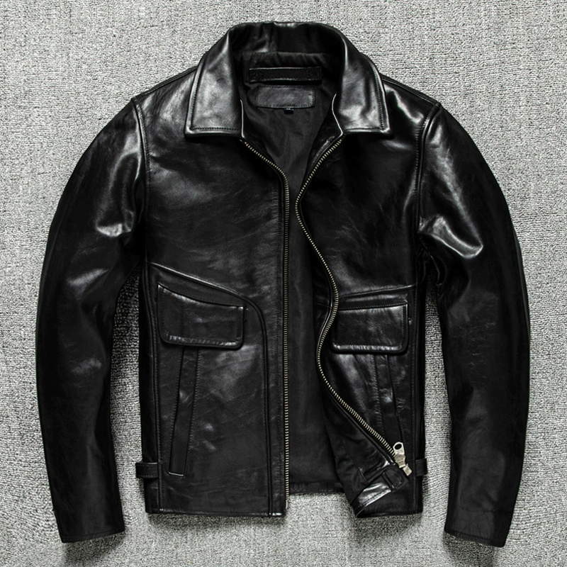 Short fitted demi-season jacket, genuine leather