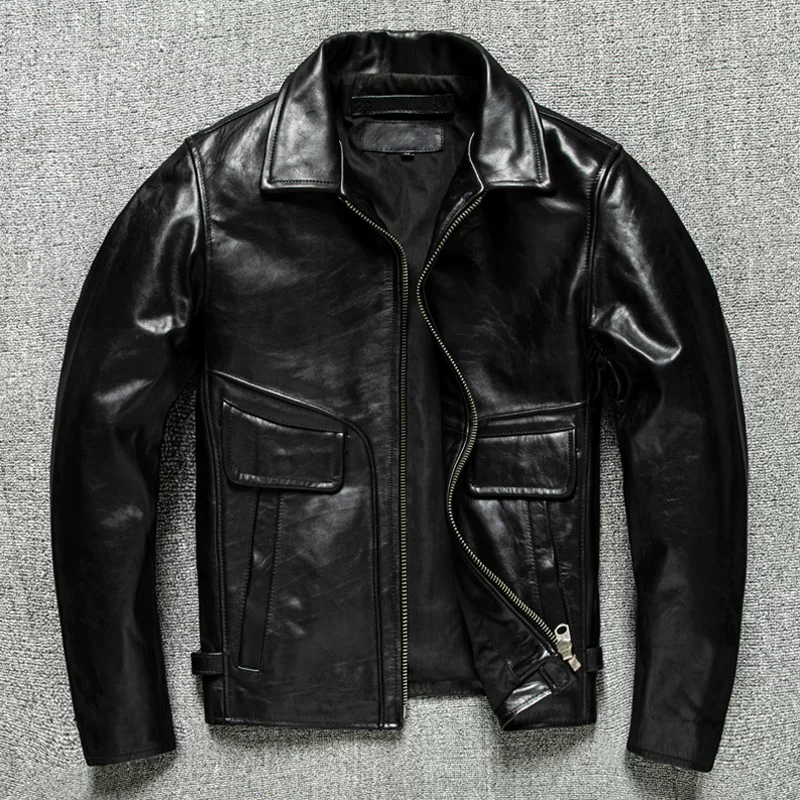 Short fitted demi-season jacket, genuine leather
