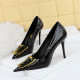 3391-26 Fashion, Elegant, Skinny, Slim, Slim Heels, High Heels, Shallow Mouth, Sharp Metal Button Single Shoes, Women's High Heels