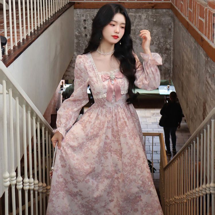法式甜美碎花长袖连衣裙女秋季高级感气质长裙收腰温柔风仙女裙子|undefined