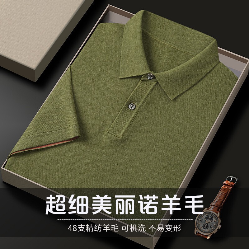 [48 Count Worsted] Machine Washable Short-Sleeved Wool Polo Shirt Men's Half-Sleeved Lapel 100% Pure Wool T-Shirt for Men