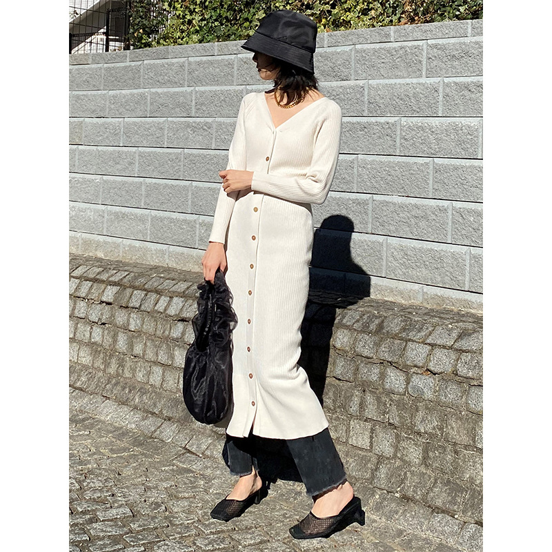 S家2021春夏新品优雅纯色修身收腰罗纹针织鱼尾连衣裙女210129LYQ