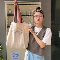 910282 韓国 ins 生地刺繍スマイリーフェイス大容量学生ショルダーレディースバッグメーカー女性のシンプルでファッショナブルな