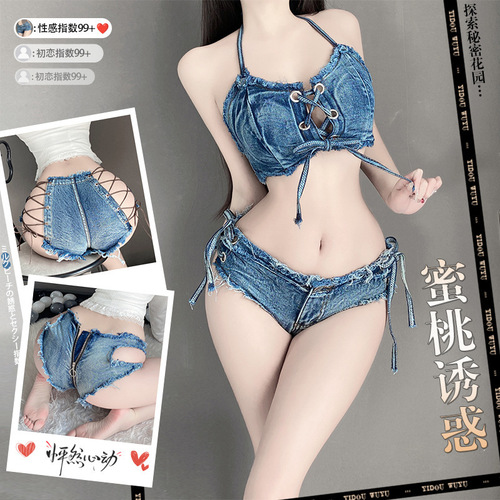 Lingerie Sexy women's torn jeans, low-waist zipper, open-dress pants, hot pants, nightclub temptation underwear 8026