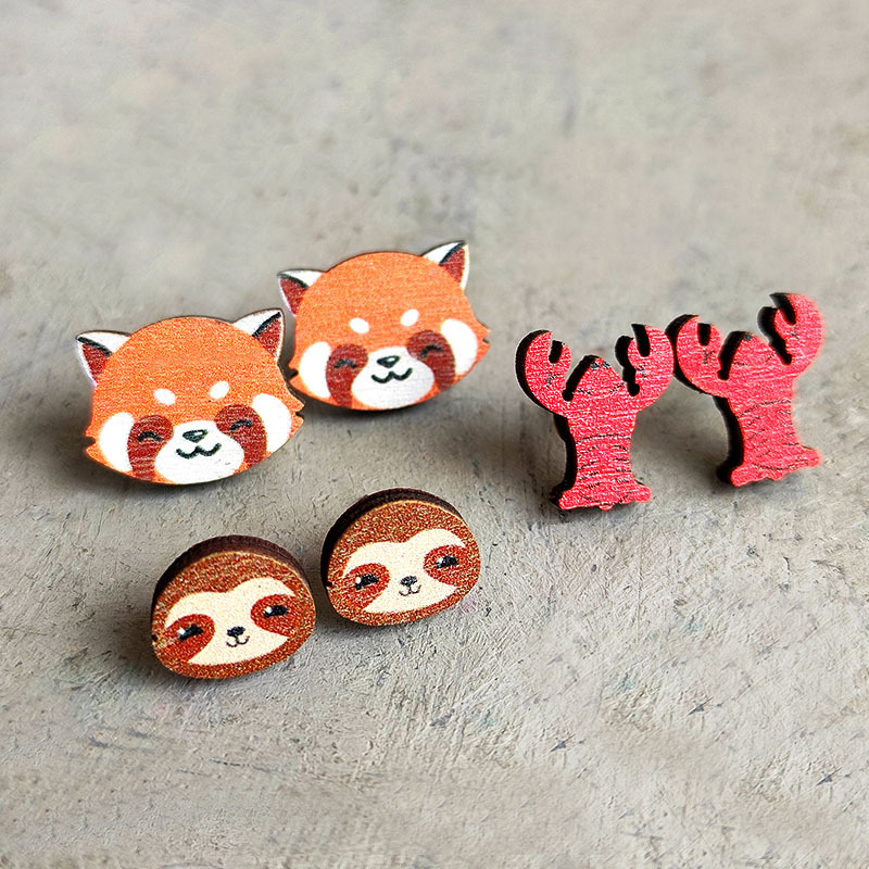 1 Pair Cute Fox Lobster Wood Ear Studs display picture 5