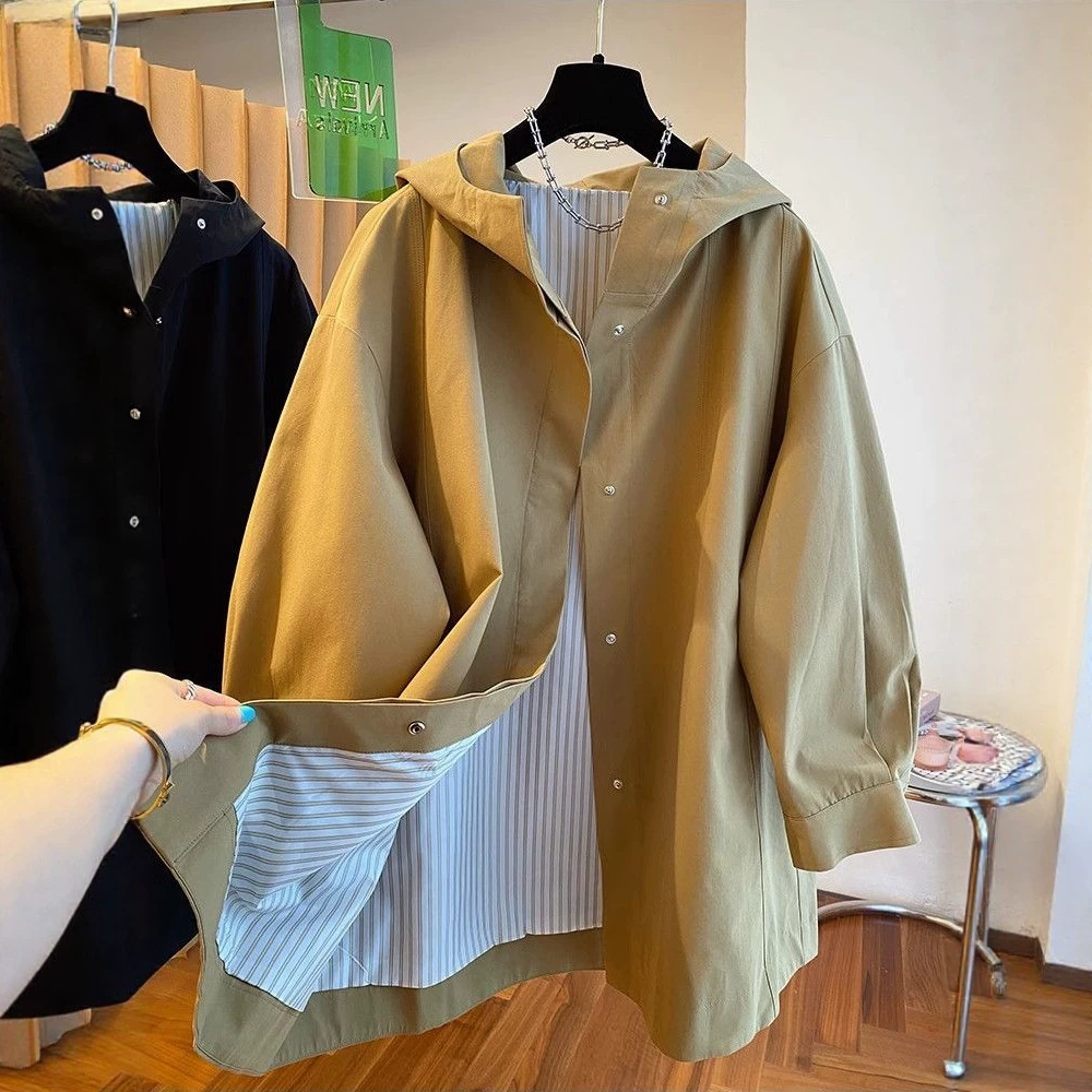 连帽春季外套女大码宽松工装风衣棒球服时尚休闲美式拼接冲锋衣潮