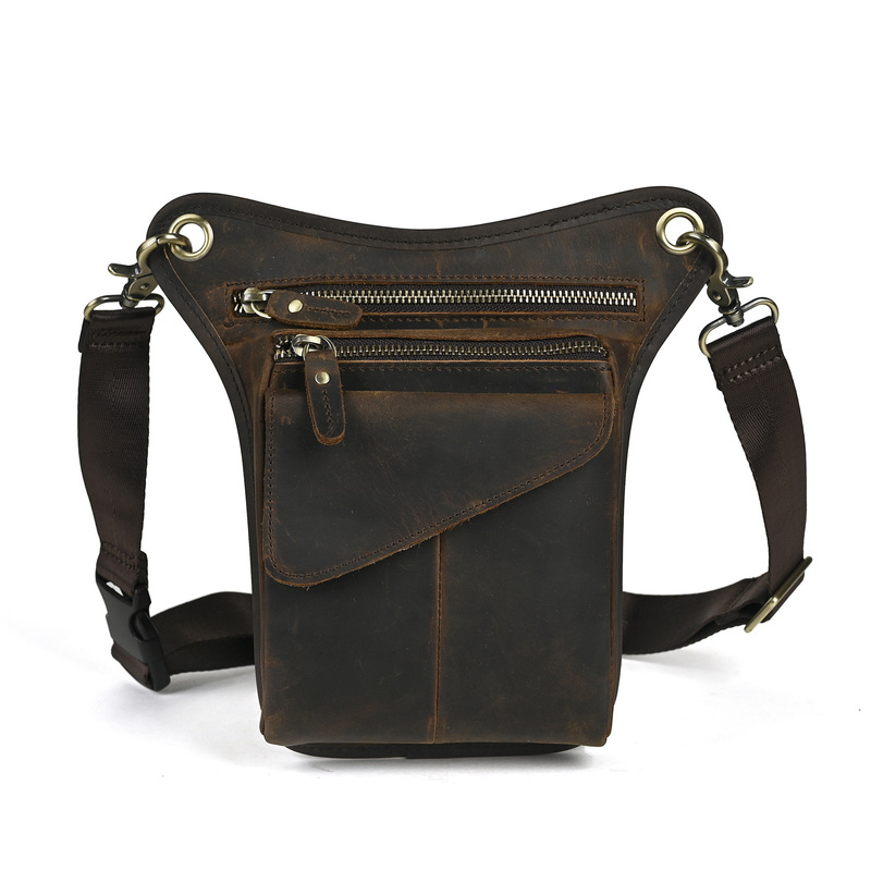 Top Layer Oil Wax Leather Cowhide Foreign Trade European and American Men's Trendy Cool Phone Camera Outdoor 8inch Leg Bag Waist Bag 211-3