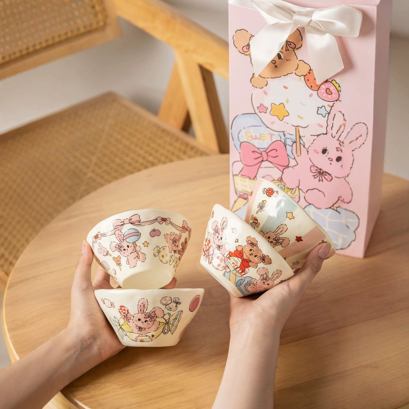 Cute Cartoon Bowknot Girl Rice Bowl Ceramic Household Underglaze Color Dessert High-Value Home Tableware Set Cute Cartoon Bowknot Girl Rice Bowl Ceramic Household Underglaze Color Dessert High-Value Home Tableware Set