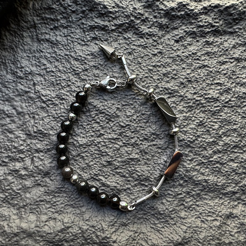 Gag Men's Bracelet Street Retro Versatile Geometric Square Silver Obsidian Jewelry Adjustable Design Ins National Trend