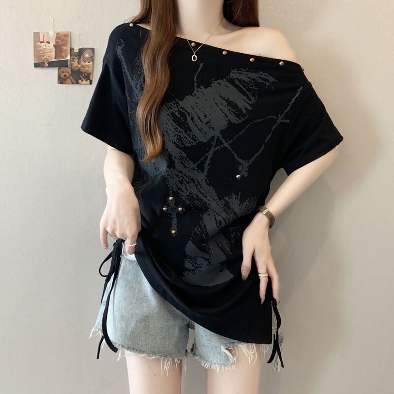 Plus Size Retro Printed Off-Shoulder Short-Sleeved T-Shirt for Women 2025 Summer New Korean Style Loose Slimming Look Fashion Top for Women Plus Size Retro Printed Off-Shoulder Short-Sleeved T-Shirt for Women 2025 Summer New Korean Style Loose Slimming Look Fashion Top for Women