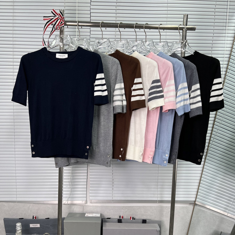 Factory Direct Sales of High-Quality New Summer Short-Sleeved Four-Bar Striped Round-Neck Knitted Wool Women's Breathable Shirt Factory Direct Sales of High-Quality New Summer Short-Sleeved Four-Bar Striped Round-Neck Knitted Wool Women's Breathable Shirt