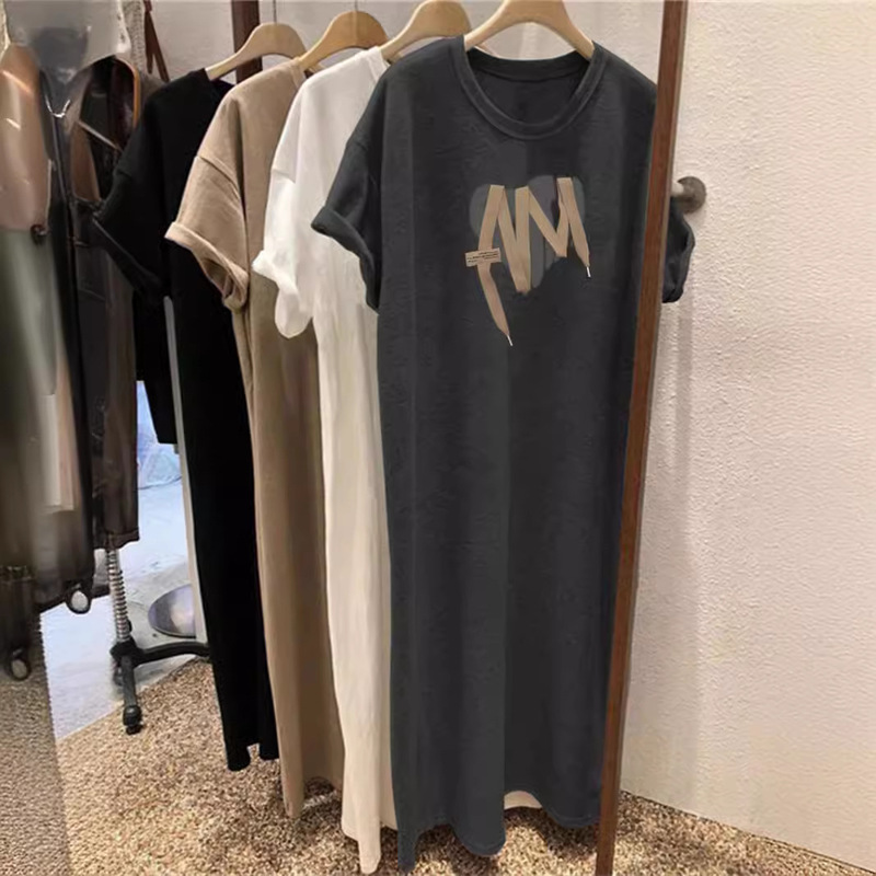 Short-sleeved Belly Covering T-shirt Long Skirt Women's Summer Korean-style Loose Fat plus size Casual Mid-length Over-the-knee dress