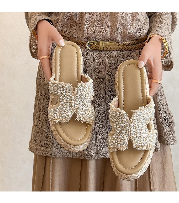 Dép sandal xỏ ngón nữ đế bệt cao 5 cm phong cách Pháp đính ngọc trai và đá — màu trắng ngà, màu mơ chi tiết 11