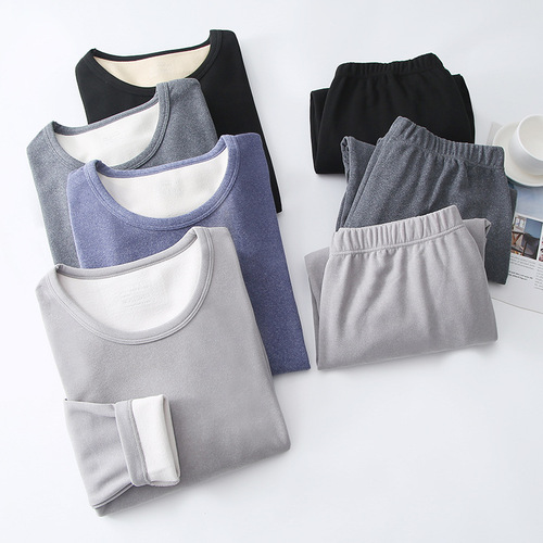  Brand new AB-faced velvet thermal underwear set for men and women, brushed round neck cotton sweater base, thickened and velvet